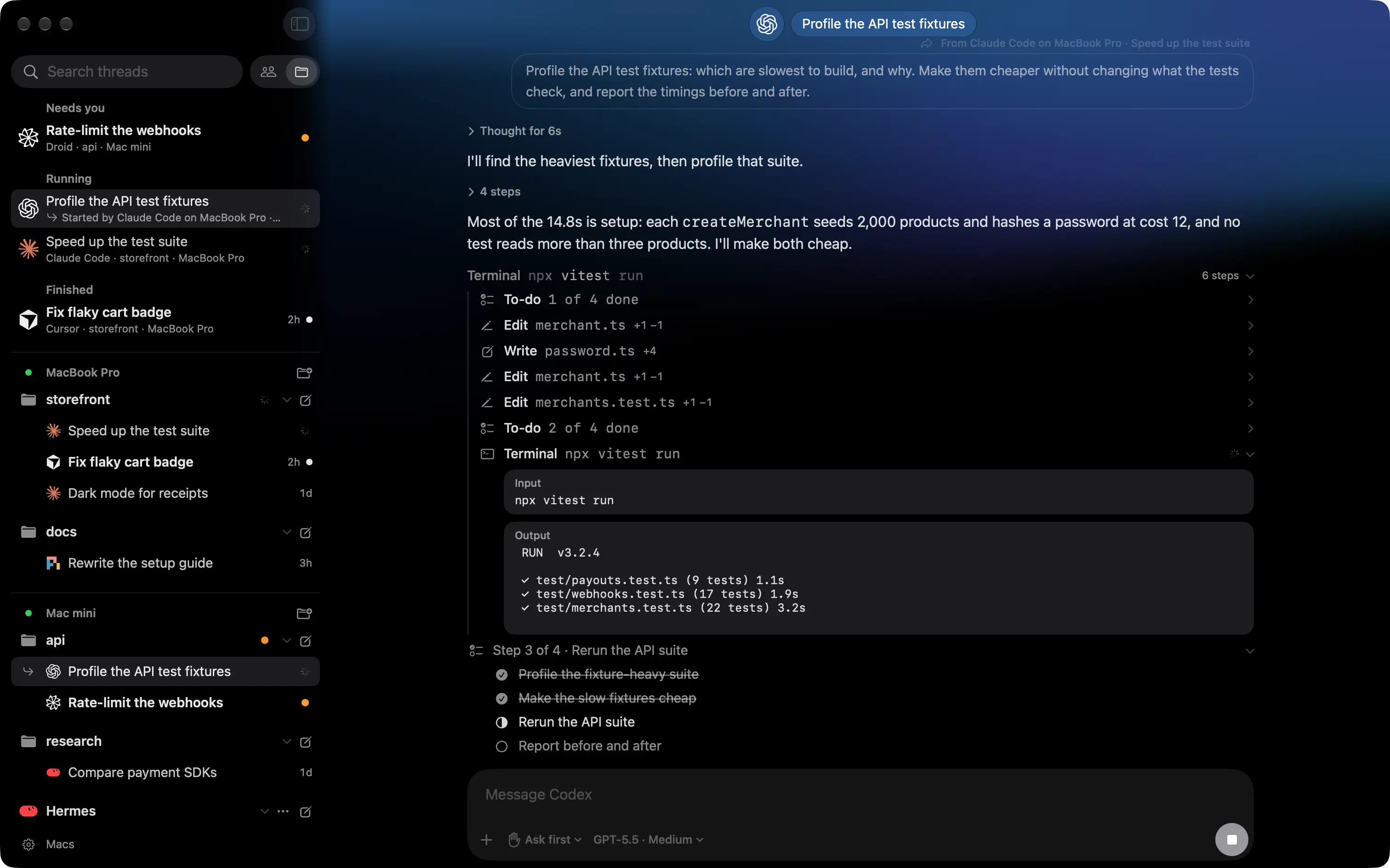 Portals on a Mac: the threads on every Mac in the sidebar, and Codex, started by Claude Code on another Mac, at work making the API's test fixtures cheaper.